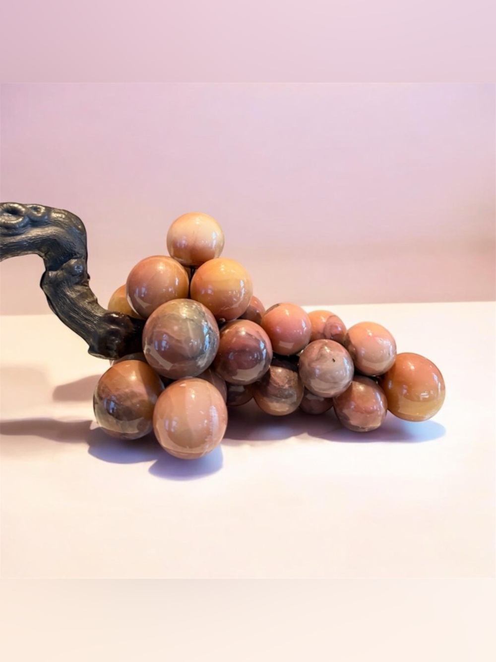 Vintage Pink‎ Onyx Grapes Cluster Stone Fruit Sculpture Alabaster Decor